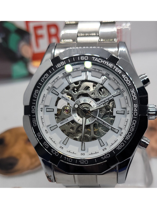 Accessories - 408 ONOLA Men's Automatic Skeleton Dial Tachymeter Silver Steel Bracelet Watch